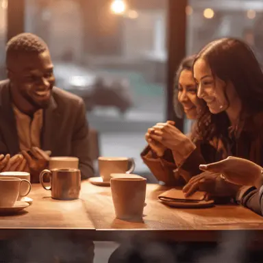 Three friends sitting at a table, laughing and enjoying cups of coffee.