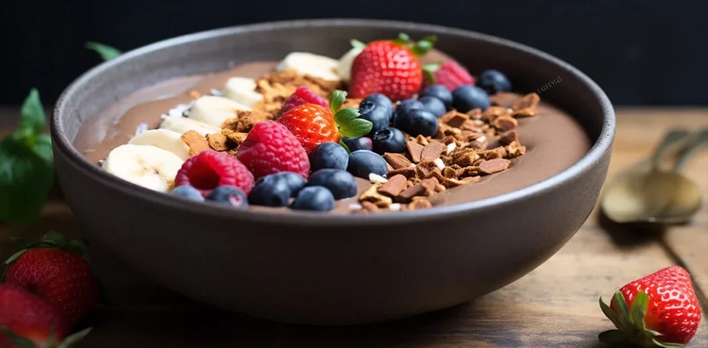 A beautifully presented mocha smoothie bowl topped with sliced bananas, strawberries, blueberries and delicious chocolate chip.