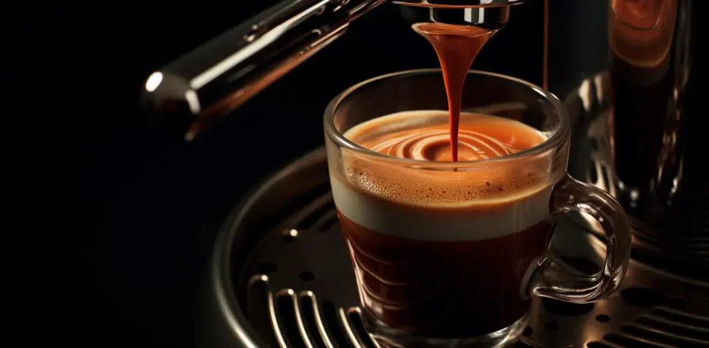A close-up view of a triple shot espresso crowned with a layer of crema