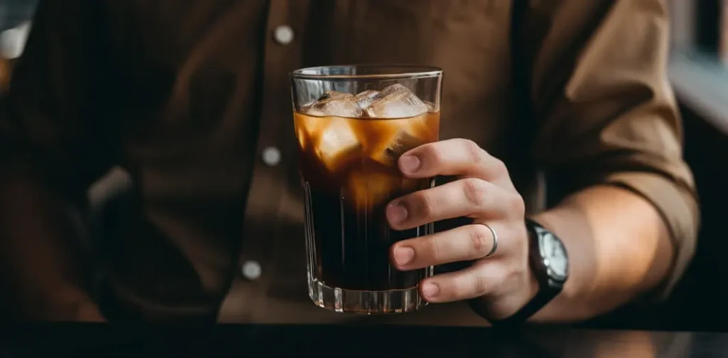 A man holding a glass of cold brew espresso, showcasing its dark, enticing color and inviting aroma.