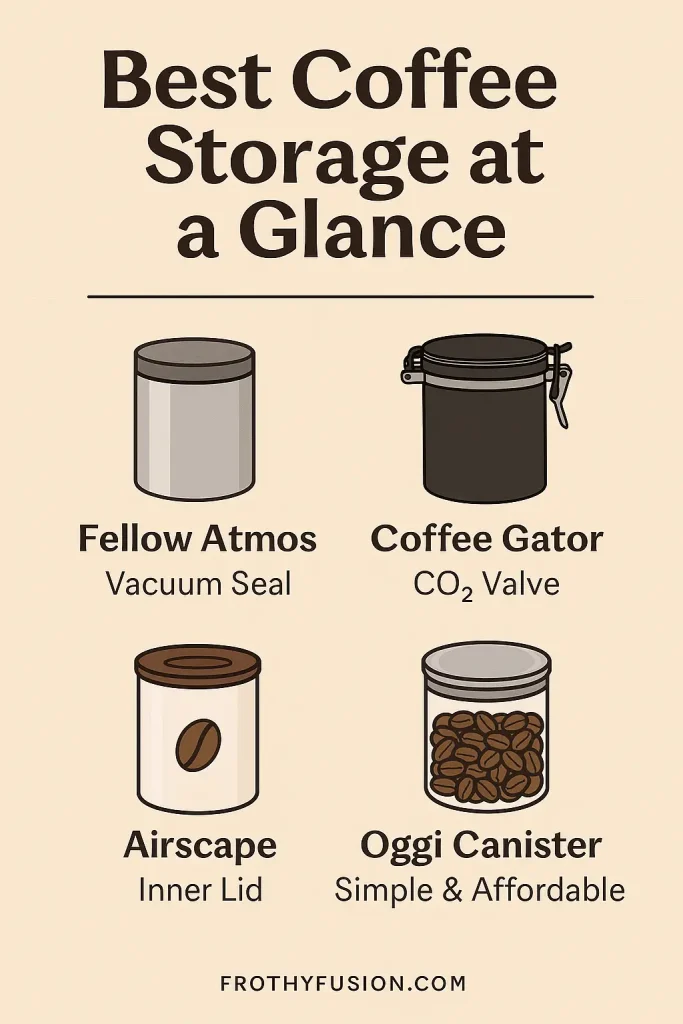 Is Your Coffee Canister Ruining Your Beans? Our Top Picks 3 Flat-style infographic comparing top coffee canisters like Fellow Atmos, OXO POP, and Airscape for freshness, material, and value.