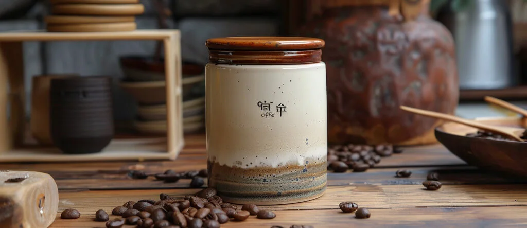 Chic ceramic coffee canister with a wooden lid sitting on a kitchen counter.