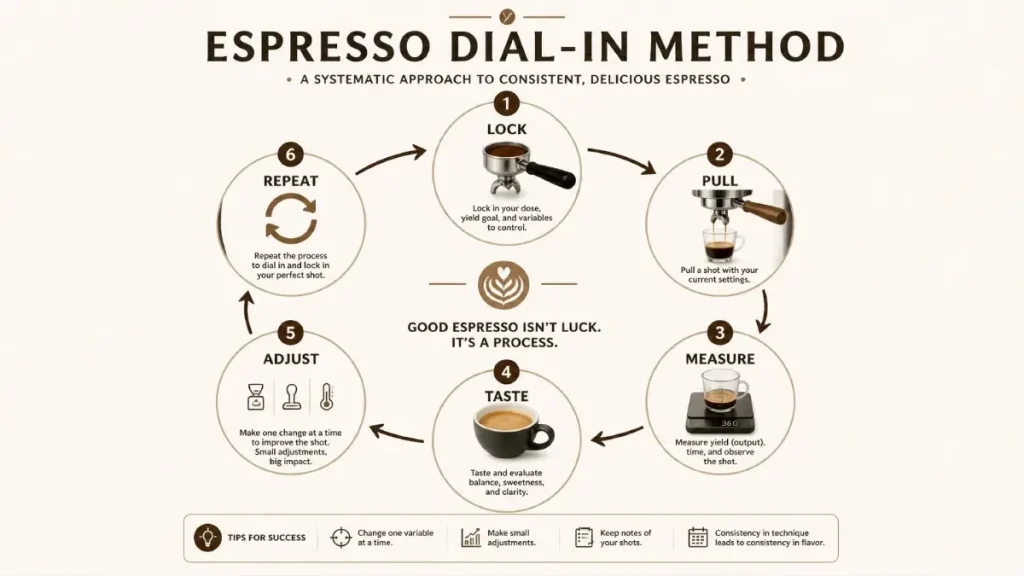 Espresso Extraction: How to Dial In the Perfect Shot 3 Frothy Fusion espresso dial-in method showing lock pull measure taste adjust and repeat