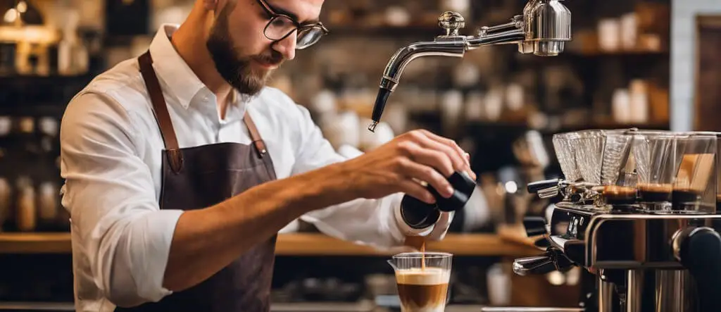 Male barista expertly operating an espresso machine to brew coffee.