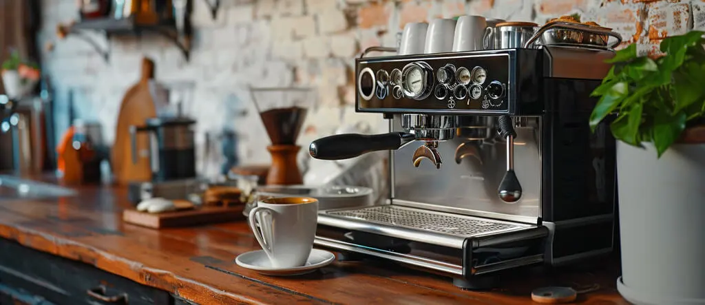 Modern home cappuccino maker on a kitchen countertop.
