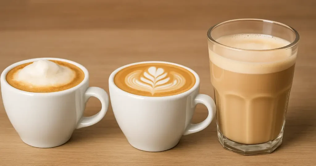 Cappuccino vs Flat White vs Latte - Which Coffee Is Actually Best? 4 Side-by-side comparison of cappuccino vs flat white vs latte in different cups showing foam and milk textures