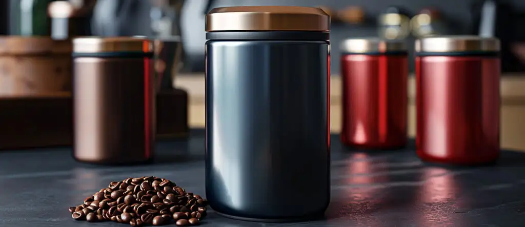 Four coffee canisters displayed on a countertop, representing the great picks for the best coffee canisters
