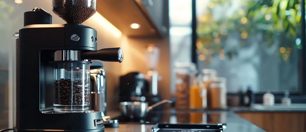 A sleek coffee grinder sits on a clean kitchen bench.