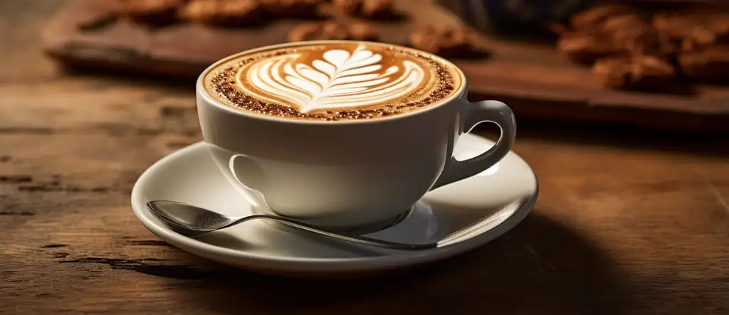 A beautifully crafted latte with intricate latte art on the surface.
