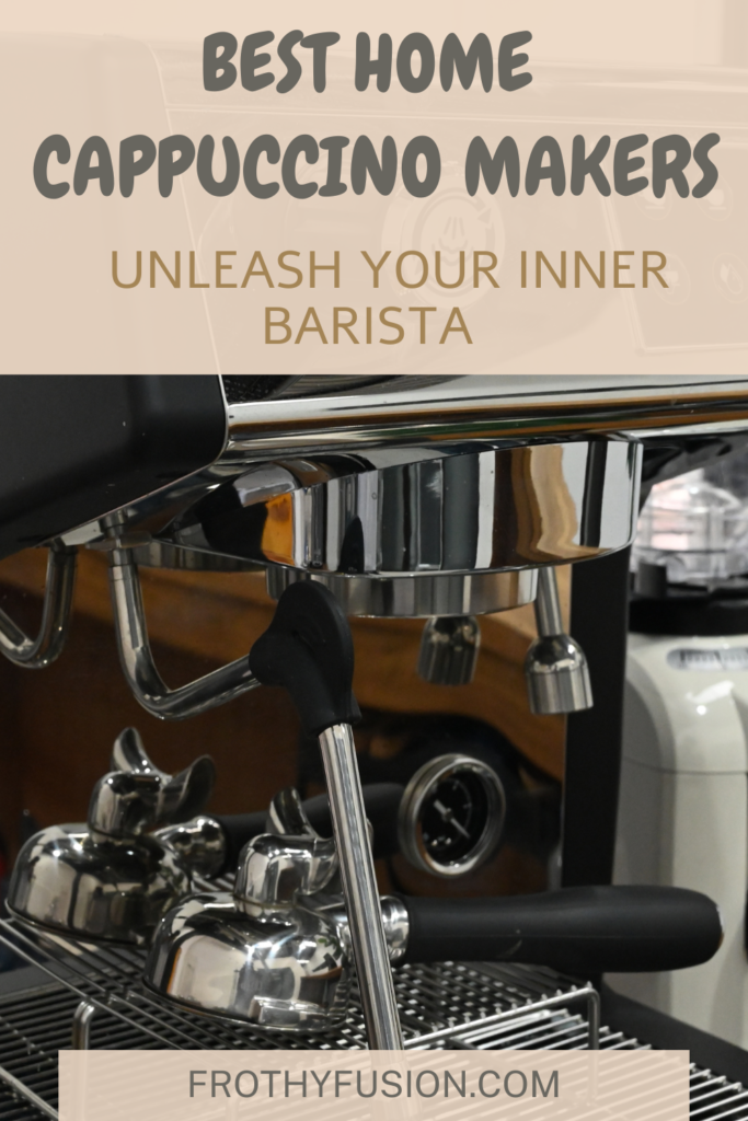 A stylish home cappuccino maker on a kitchen counter, brewing a creamy, frothy cappuccino in a glass cup.