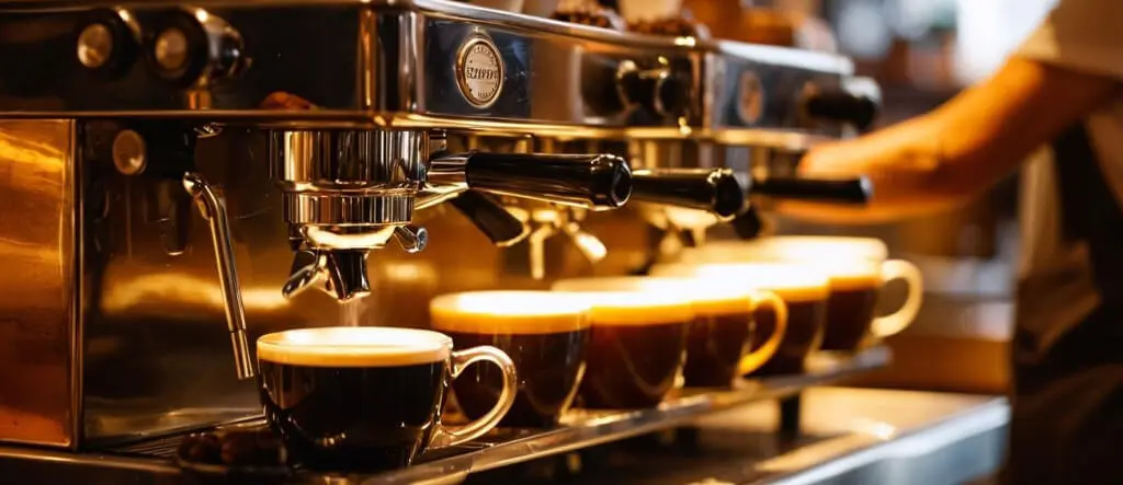 Two cups of freshly brewed coffee sitting on an espresso machine