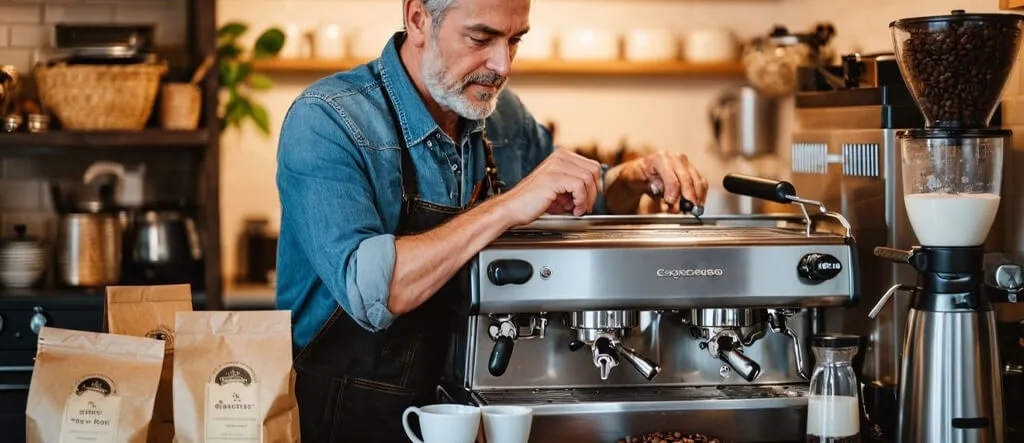 An espresso machine with a portafilter, steam wand, and control panel