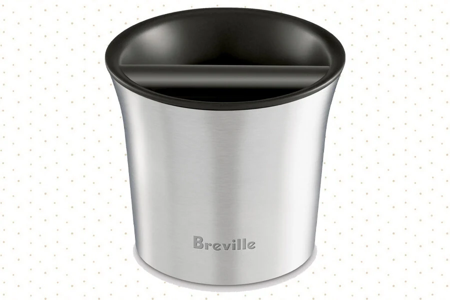 Breville BCB100 Knock Box with a sturdy design and rubber base for easy disposal of used coffee grounds after brewing.