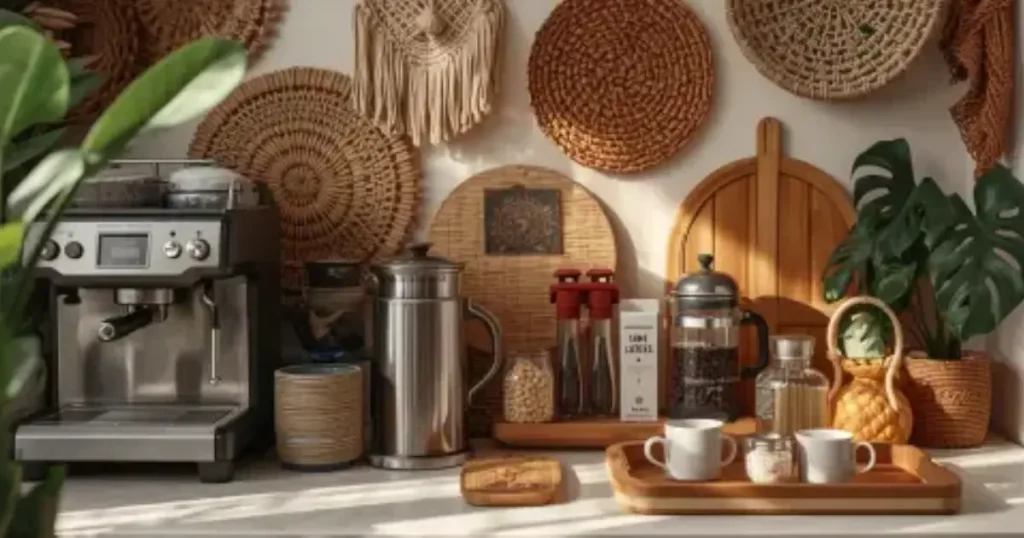 Coffee Station Ideas to Inspire Your Dream Setup ☕ 4 Boho-style coffee station featuring espresso machine, coffee grinder, and decorative items. Coffee Station ideas you can use for inspiration.