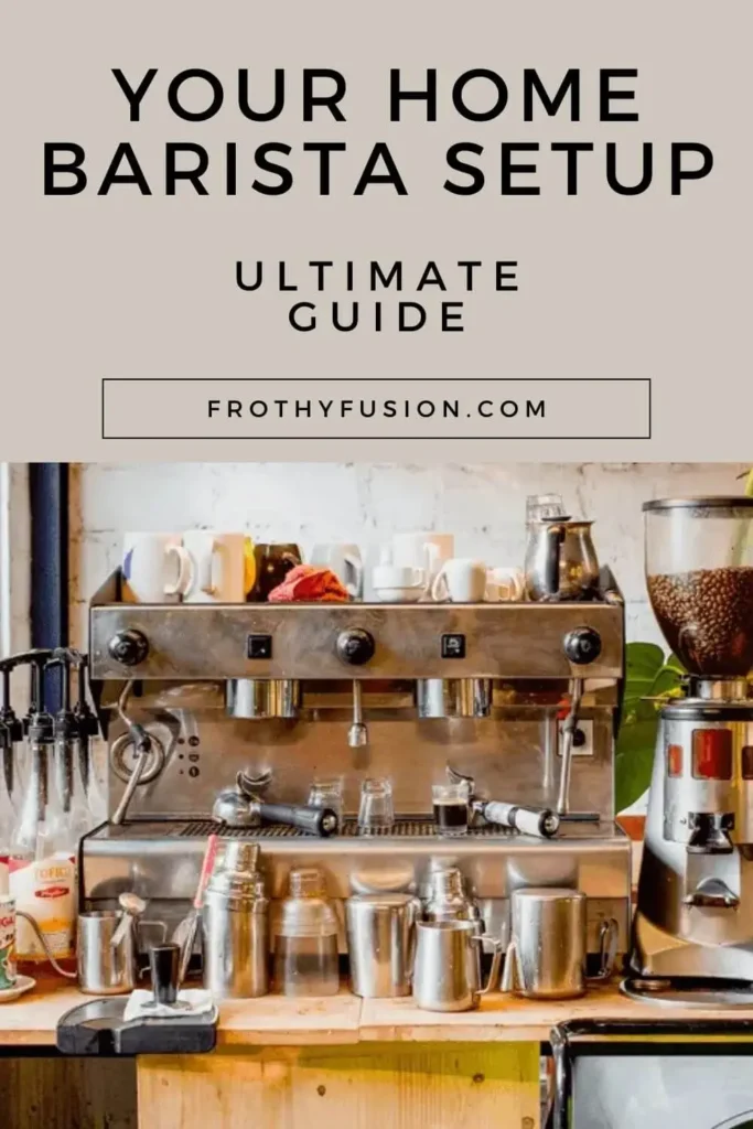 A beautifully arranged home coffee bar featuring an espresso machine, grinder, and latte art tools, ready for brewing the perfect cup.