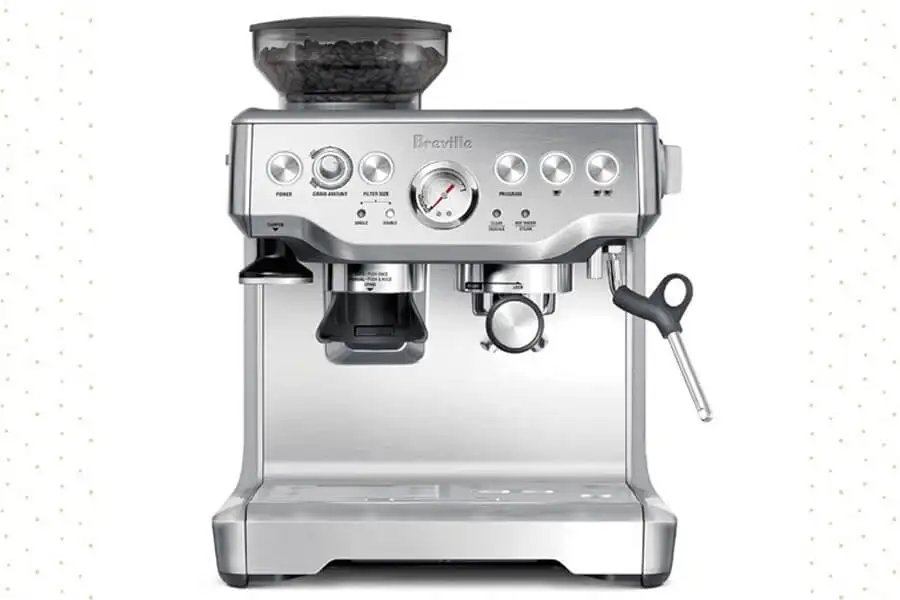 Breville Barista Express espresso machine with built-in grinder, showing its sleek design and coffee-making features.