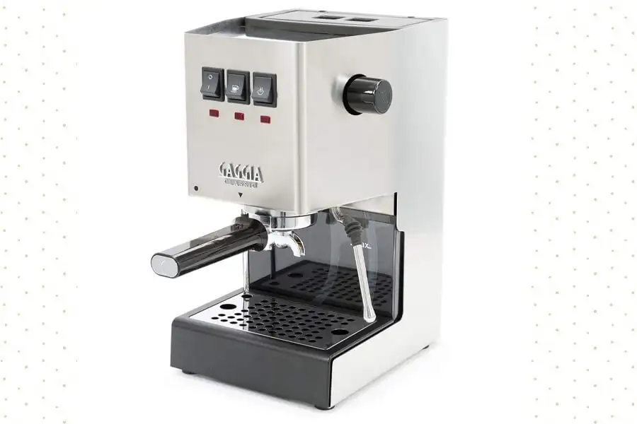 Gaggia Classic Pro espresso machine on a kitchen counter, showcasing its stainless steel design and professional features.