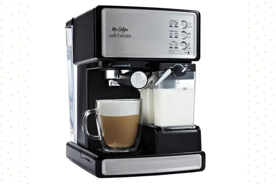 Mr. Coffee Espresso and Cappuccino Maker with a sleek design, showing the espresso and cappuccino functions in a home kitchen setting.