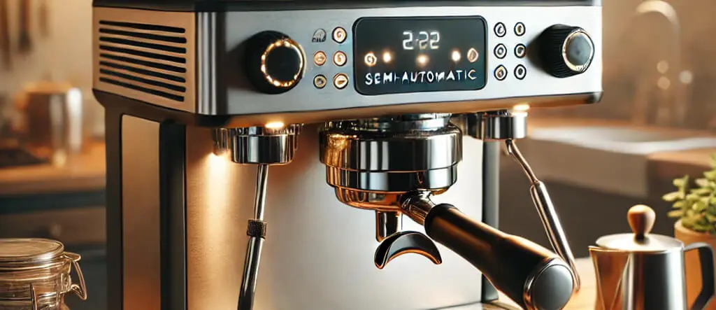 A sleek, metal and black semi-automatic espresso machine on a wooden kitchen counter with coffee accessories, perfect for home brewing.