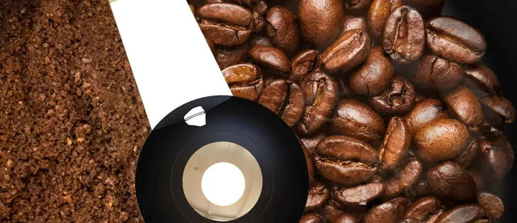 Close-up of Coffee Grinder Blade Surrounded by Coffee Beans