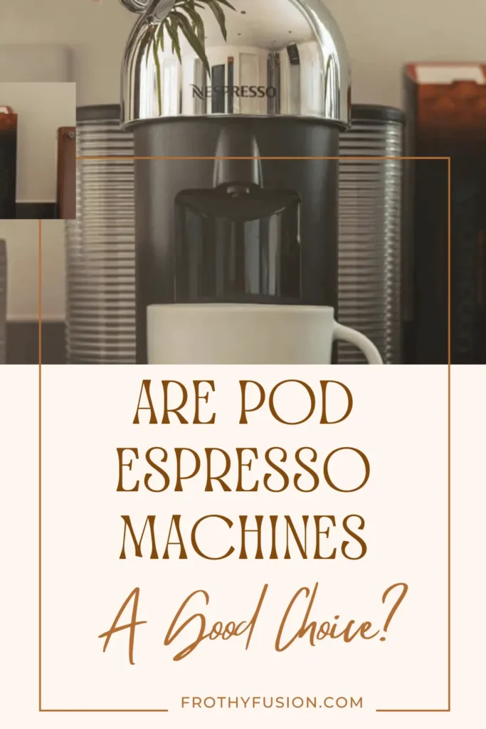 A modern pod espresso machine on a kitchen counter, with coffee pods neatly displayed next to a freshly brewed espresso.