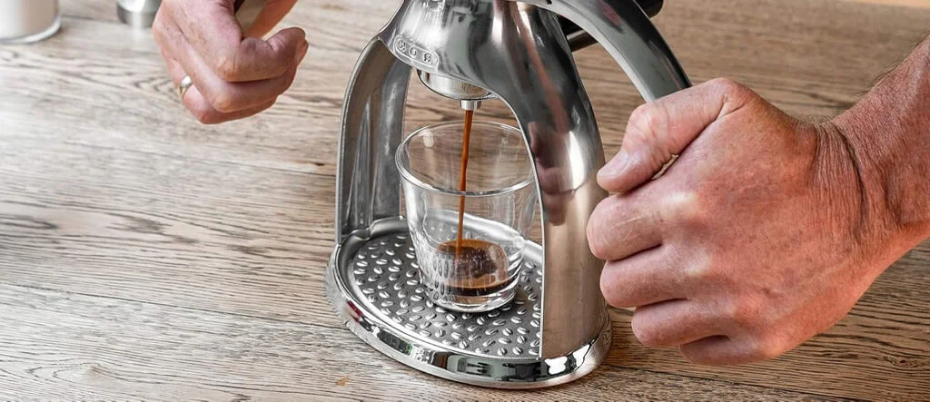 Close-up of the Flair Espresso Maker showcasing its sleek design and lever mechanism.