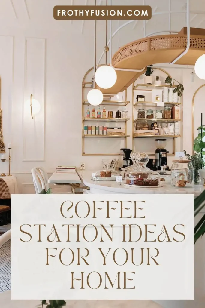 A beautifully organized home coffee station with an espresso machine, grinder, mugs, and accessories on stylish shelves.