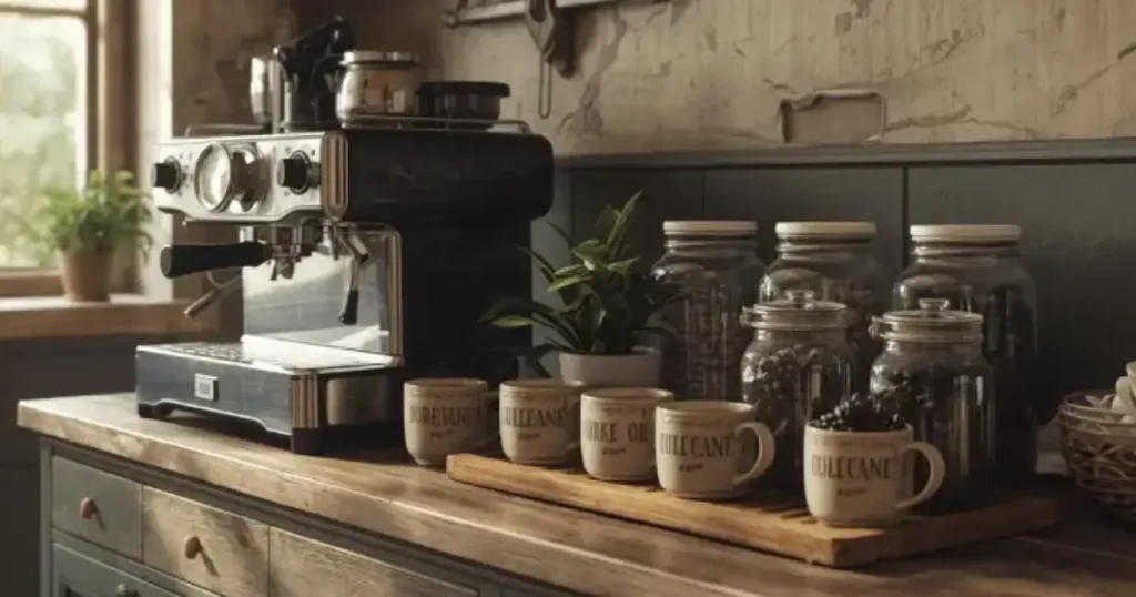 Coffee Station Ideas to Inspire Your Dream Setup ☕ 6 Farmhouse-style coffee station with an espresso machine, six hanging mugs, and labeled coffee canisters. Great coffee station ideas you can follow