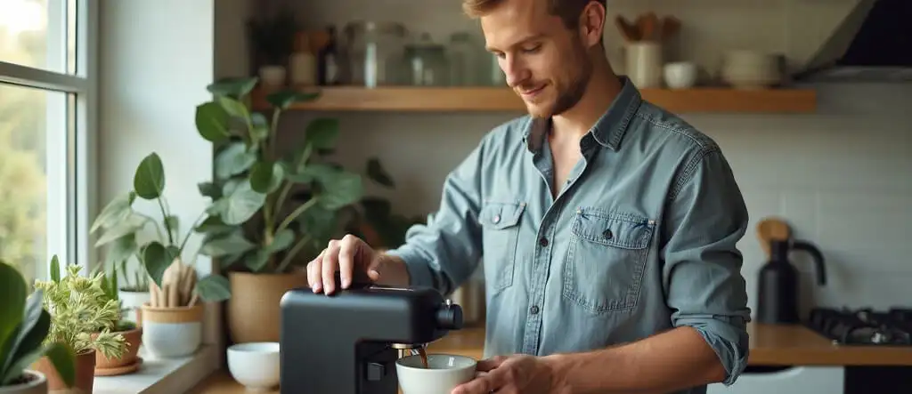 Man preparing a coffee for himself using a home espresso machine