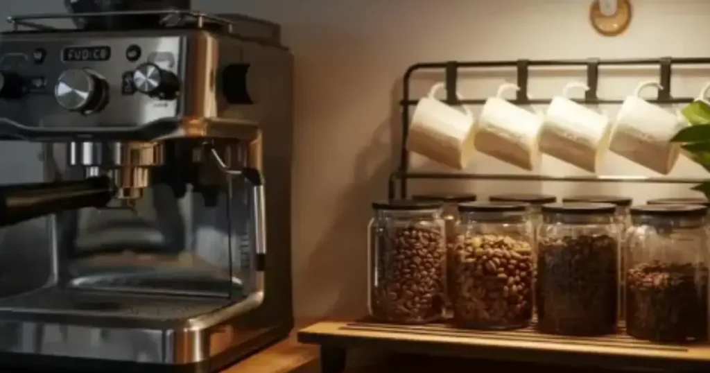 Coffee Station Ideas to Inspire Your Dream Setup ☕ 5 Minimalist coffee station featuring an espresso machine, wall-mounted cup rack, and four coffee storage containers. Inspiration for home coffee station ideas