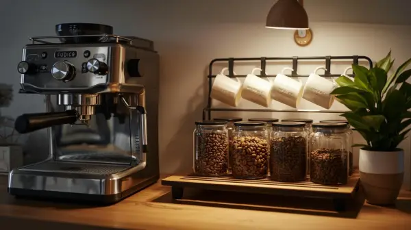 Minimalist Coffee Station – Sleek Espresso Setup with Cups & Containers Minimalist coffee station featuring an espresso machine, wall-mounted cup rack, and four coffee storage containers.