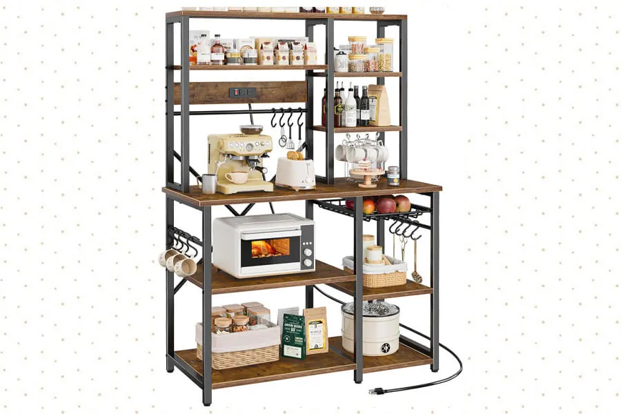 Superjare coffee station bar featuring multiple shelves, storage compartments, and a rustic design for organizing a home coffee setup.