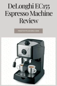 DeLonghi EC155 Review - Is It Still Worth Buying? ☕ 3 The DeLonghi EC155 espresso machine on a countertop, brewing a rich espresso shot with a compact and affordable design.