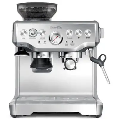 Breville Barista Express Espresso Machine Review Breville Barista Express espresso machine with built-in grinder, showing its sleek design and coffee-making features.