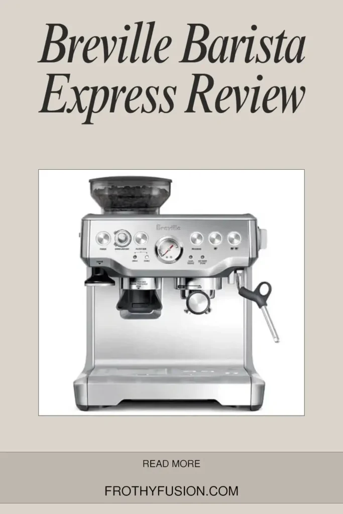 Front view of the Breville BES870XL Barista Express espresso machine, showcasing its built-in grinder, steam wand, and control panel."