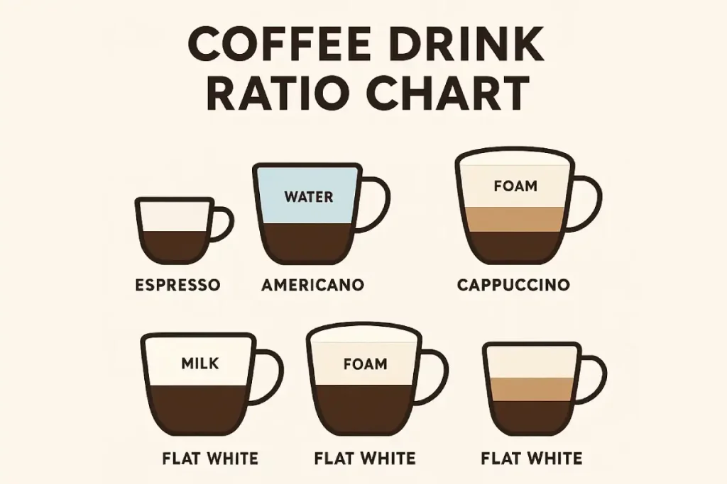 Espresso Ratios: The Complete Guide to Dose, Yield & Time ☕ 1 Coffee drink espresso ratios chart illustrating proportions of espresso, milk, and foam in popular drinks like latte, cappuccino, macchiato, and flat white