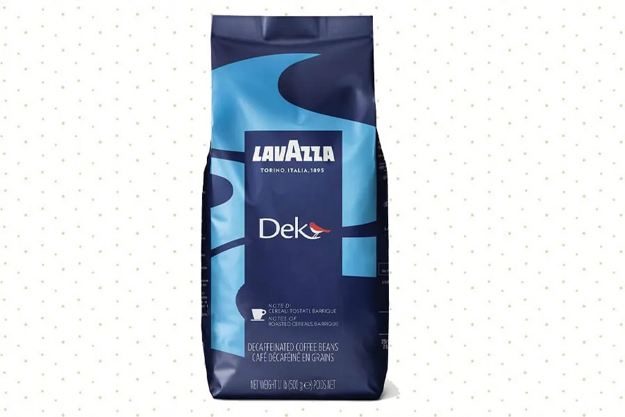 Pack of Lavazza Dek Coffee, showcasing its signature blue packaging with a white background.