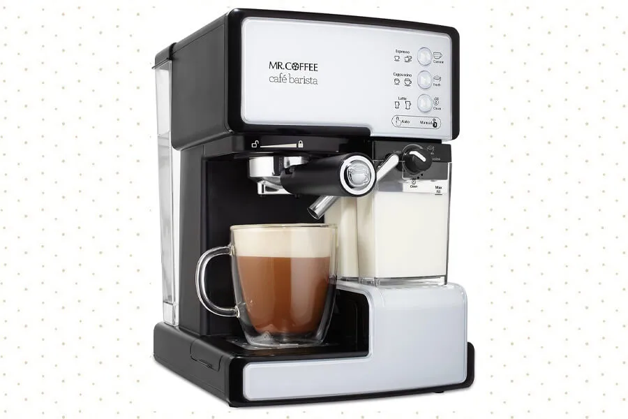 Mr. Coffee Café Barista Espresso Machine featuring a sleek design and built-in milk frother