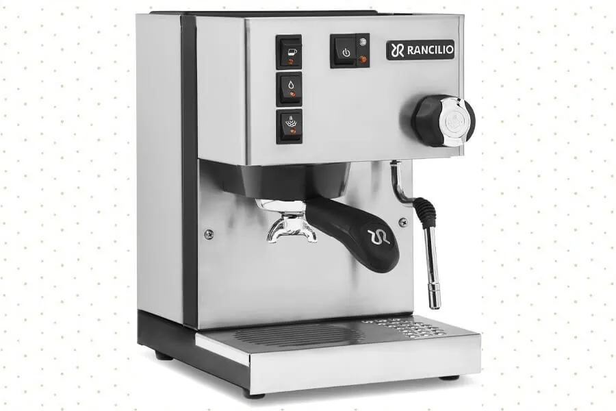 Rancilio Silvia Espresso Machine with a stainless steel finish, featuring a professional steam wand and compact design for home brewing