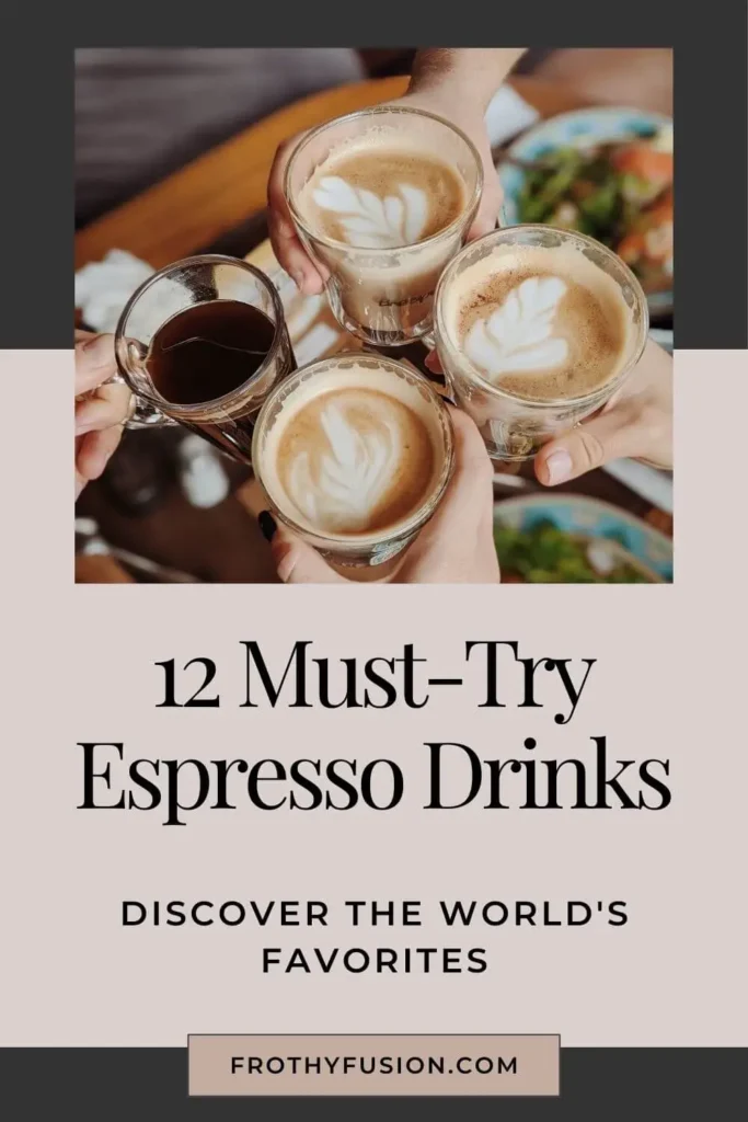 Four unique espresso-based drinks in different cups held by various people, showcasing a variety of global coffee favorites.