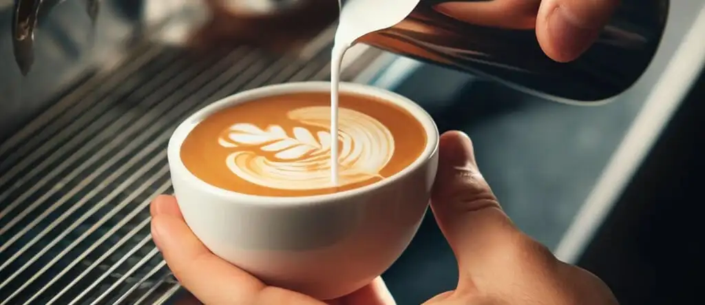 A barista skillfully pouring frothed milk into espresso, creating beautiful latte art in a coffee cup.