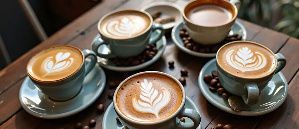 Five espresso drinks, including a cappuccino, latte, macchiato, flat white, and mocha, displayed on a wooden table