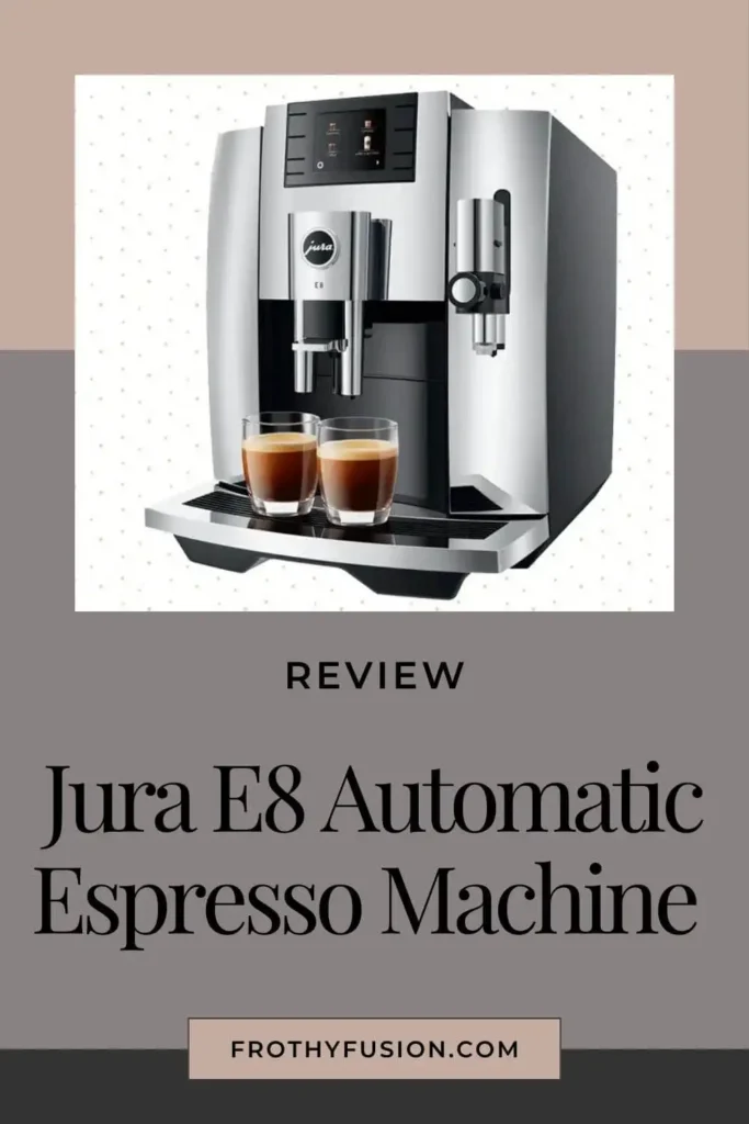 Partial side view of the Jura E8 Automatic Espresso Machine, highlighting its sleek design, chrome accents, and user-friendly interface.