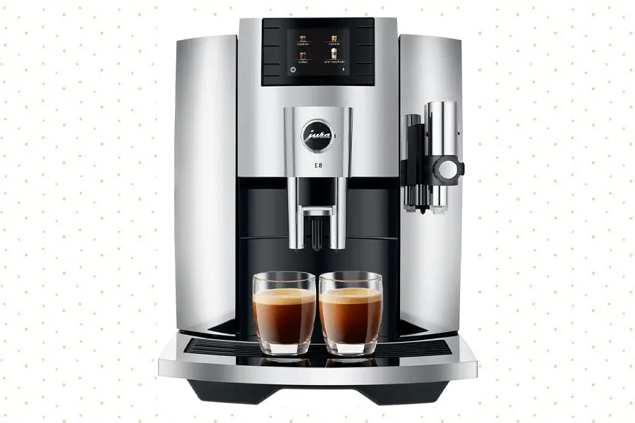 Jura E8 Super Automatic Espresso Machine featuring a premium design, built-in grinder, and advanced milk frothing system for specialty coffee drinks.