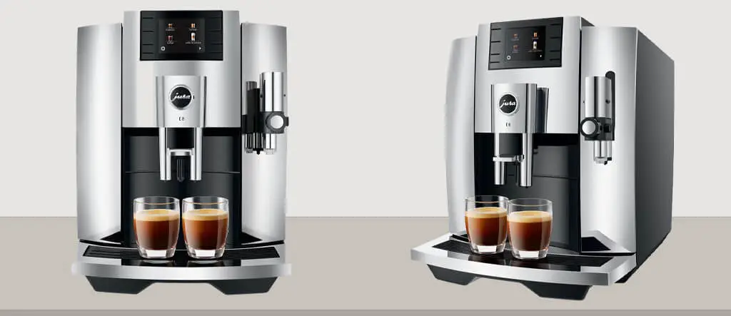 Front and side view of the Jura E8 Automatic Espresso Machine, highlighting its compact design, control panel, and side features.