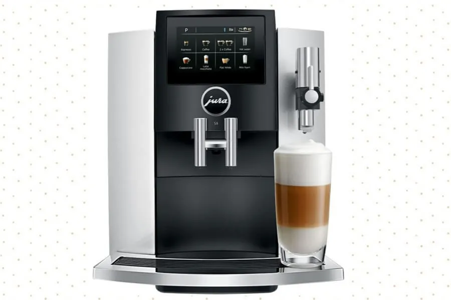 Jura S8 Automatic Espresso Machine with a modern, compact design and intuitive interface, ideal for brewing high-quality coffee at home."