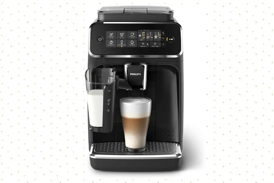 Front view of the Philips 3200 Series Automatic Espresso Machine, featuring a built-in grinder, intuitive control panel, and milk frothing system.