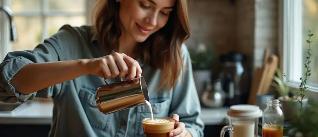 A lady pouring milk into a cup of latte, creating a creamy and smooth texture