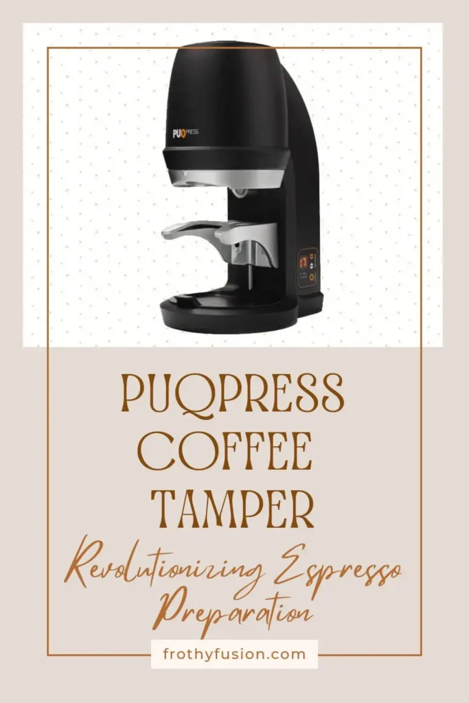 Side view of the PUQPress coffee tamper, showcasing its sleek design and innovative automatic tamping mechanism for perfect espresso preparation.