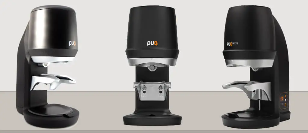 Front view and side profiles of the PUQPress Gen 5 Q2 Automatic Coffee Tamper, highlighting its compact and modern design.